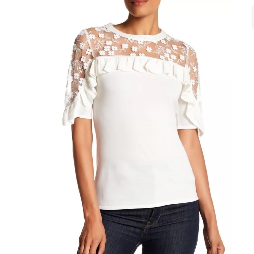 Elie Tahari White Floral Lace Ruffle Crew Neck Sweater